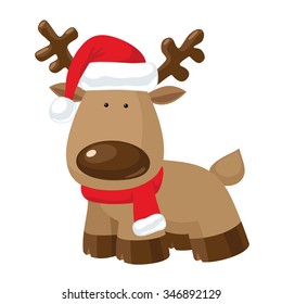 Christmas Reindeer standing in Santa`s red hat and scarf. Cartoon character