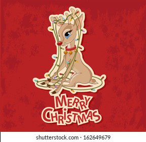 Christmas Reindeer tangled in Christmas lights garland  Greeting card