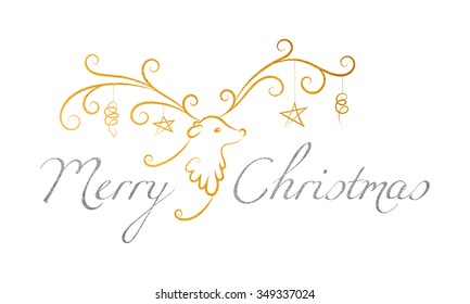 Christmas reindeer with toys on the horns and the silver textured inscription Merry Christmas. Elegant design for Christmas greeting card, banner, card, invitation, postcard. Vector illustration.