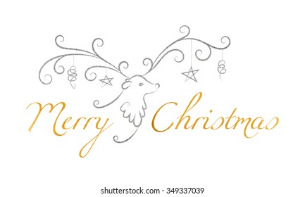 Christmas reindeer with toys on the horns and the golden textured inscription Merry Christmas. Elegant design for Christmas greeting card, banner, card, invitation, postcard. Vector illustration.