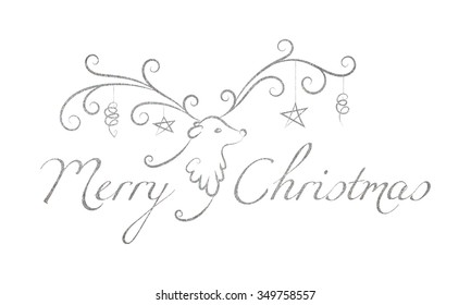 Christmas reindeer with toys on the horns and the silver textured inscription Merry Christmas. Elegant design for Christmas greeting card, banner, card, invitation, postcard. Vector illustration.