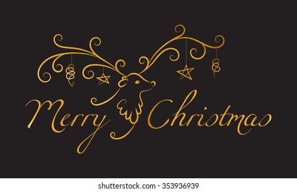 Christmas reindeer with toys on the horns and the golden textured inscription Merry Christmas. Elegant design for Christmas greeting card, banner, card, invitation, postcard. Vector illustration.