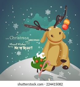 Christmas reindeer with christmas tree, balls and snowflakes. Vector illustration. New year