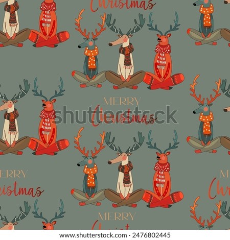 Christmas reindeer with Christmas tree toys and red Christmas ornament. Moose in yoga