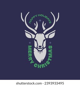 Christmas reindeer vector icon or label, vintage character. Holiday vector illustration on blue background.