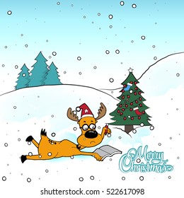 Christmas reindeer vector illustration. Merry Christmas. Reindeer in Christmas hat. Christmas vector banner, cartoon style. Reindeer reading book, laying on the snow.