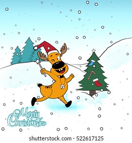 Christmas reindeer vector illustration. Merry Christmas. Reindeer in Christmas hat. Christmas vector banner, cartoon style. Reindeer run with magic wand to christmas tree.