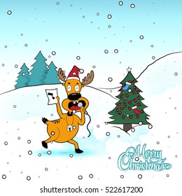 Christmas reindeer vector illustration. Merry Christmas. Reindeer in Christmas hat. Christmas vector banner, cartoon style. Reindeer sing karaoke near a Christmas tree.