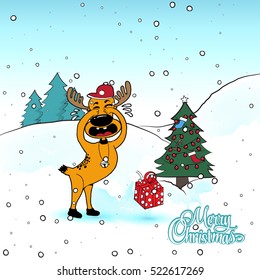 Christmas reindeer vector illustration. Merry Christmas. Reindeer in Christmas hat. Christmas vector banner, cartoon style. Reindeer dont like gift, throw gift box and crying.
