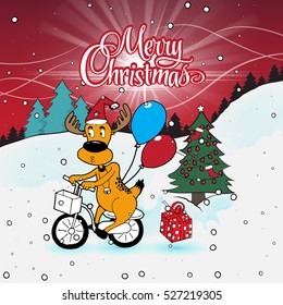 Christmas reindeer vector illustration. Merry Christmas. Reindeer in Christmas hat. Christmas vector banner, cartoon style. Deer delivers gifts on a bike.
