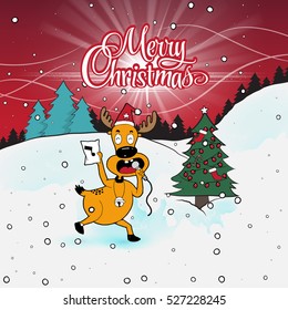 Christmas reindeer vector illustration. Merry Christmas. Vector banner, cartoon style. Deer sing karaoke near a Christmas tree.