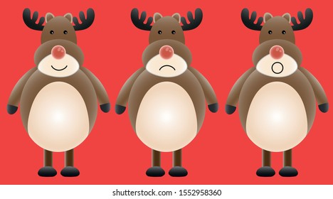 Christmas reindeer vector pattern of Rudolph the red nosed reindeer. Happy sad and surprised.