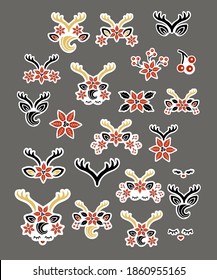 Christmas reindeer vector set. Cute deer for sticker, invitation, birthday, cake topper, Merry Christmas. Vector illustration.