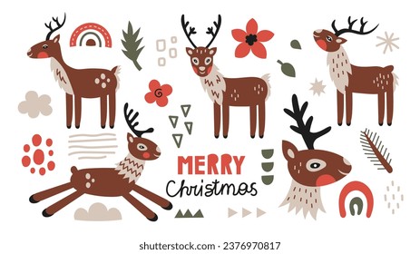 Christmas Reindeer vector set. Modern Xmas collection with deer, stag, abstract doodle elements and geometric shapes in Scandinavian style