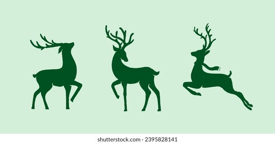 Christmas reindeer vector, silhouettes are isolated on a green background. Vector set
