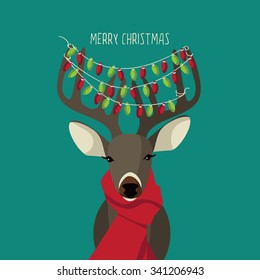 Christmas Reindeer wearing red scarf and festive lights. EPS 10 vector royalty free illustration.