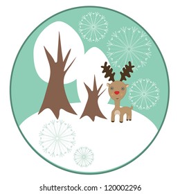 Christmas reindeer with winter trees vector background