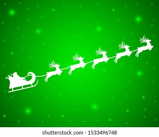 Christmas reindeers are carrying Santa Claus in a sleigh with gifts. silhouette on a green background