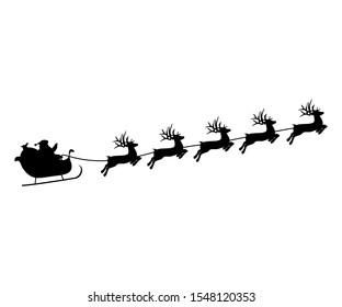 Christmas reindeers are carrying Santa Claus in a sleigh with gifts.