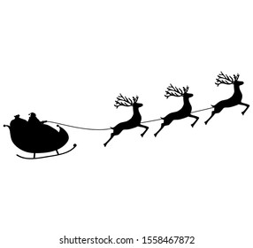 Christmas reindeers are carrying Santa Claus in a sleigh with gifts. silhouette on a white background