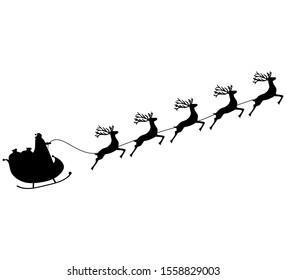 Christmas reindeers are carrying Santa Claus in a sleigh with gifts. silhouette on a white background