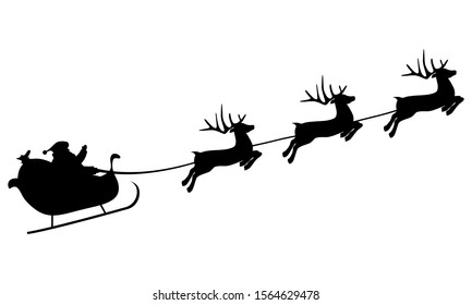 Christmas reindeers are carrying Santa Claus in a sleigh with gifts. silhouette on a white