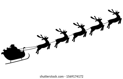Christmas reindeers are carrying Santa Claus in a sleigh with gifts.