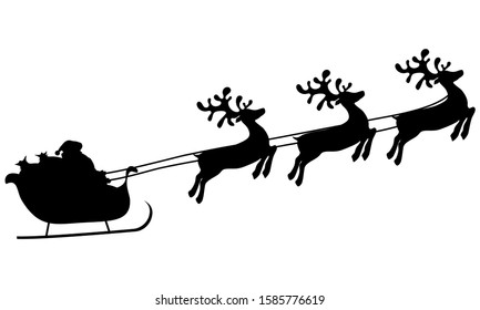 Christmas reindeers are carrying Santa Claus in a sleigh with gifts.