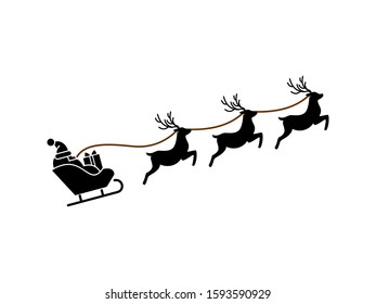 Christmas reindeers are carrying Santa Claus in a sleigh with gifts. silhouette on a white background