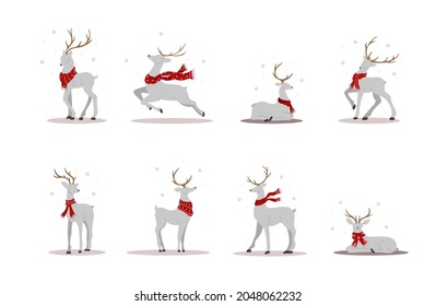 Christmas reindeers in scarves. Cute deers with antlers standing and jumping. Winter design elements. Vector illustration in flat cartoon style.