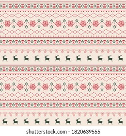 Renos de Navidad y sudadera con copos de nieve y líneas rojas vintage sobre fondo beige