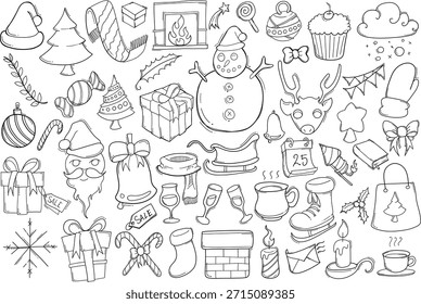 Christmas Related Doodle vector set. Drawing sketch illustration hand drawn line.