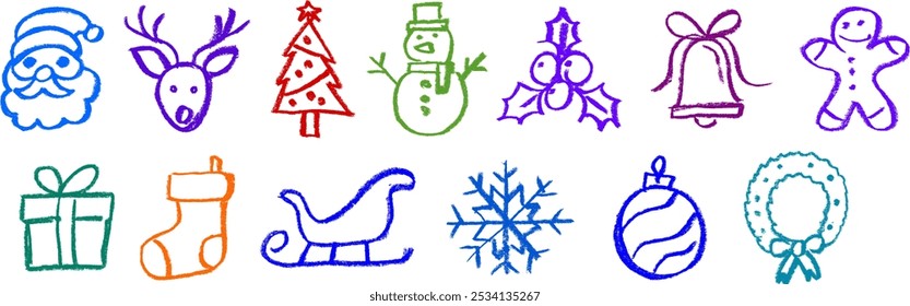 Christmas Related Icon Crayon Chalk Drawing Vector Set