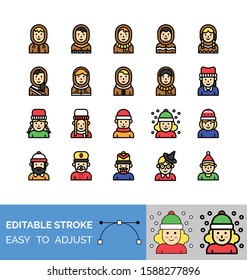 Christmas related mrs clause, cute boys, cute girls, gentleman, soldier, nutcracker and dwarf avatar with editable stroke