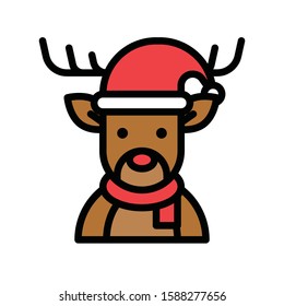 Christmas related reindeer with santa hat and scarf avatar with editable stroke