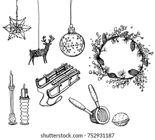 Christmas related set. Hand drawn elements. Black and white vector illustration.