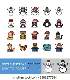 Christmas related snowman, snowman with hat, penguin, cat, gingerbread, fish, cute boy in gift and bear avatar with editable stroke