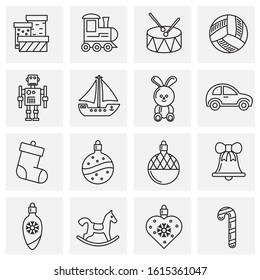 Christmas related toys icons set outline on background for graphic and web design. Creative illustration concept symbol for web or mobile app.