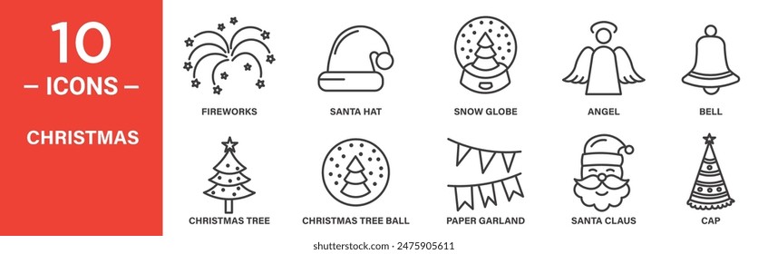 Christmas related vector icon set includes fireworks, santa hat, snow globe, angel, bell, christmas tree, christmas tree ball, paper garland, santa claus, cap, and more icons