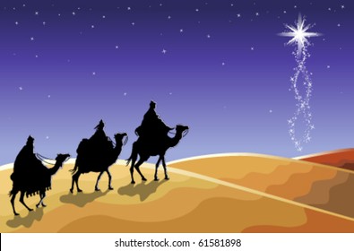 Christmas Religious Card With The Three Magi Following The Rising Star. Vector Illustration Saved As EPS AI 8.