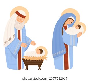 Christmas religious characters. Holy Family. Virgin Mary, Saint Joseph and baby Jesus in manger. Birth of Savior Christ. Vector isolate illustration in cartoon style on white for Xmas design