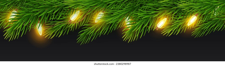 Christmas repeat border of realistic fir tree branches with electric garland on black background. Seamless pattern of spruce branches with garland of yellow light bulbs for greeting cards, banner