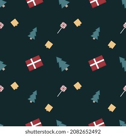 Christmas repeat pattern created with sharp corner Christmas objects, seamless pattern. 