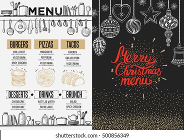 Christmas restaurant brochure, menu template. Vector holiday background and design banner. Happy New Year party flyer with hand-drawn xmas graphic.