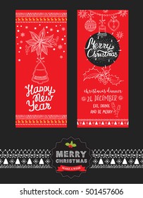 Christmas restaurant brochure, menu template. Vector holiday background and design banner. Happy New Year party flyer with hand-drawn xmas graphic.