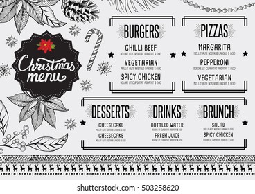 Christmas restaurant brochure, menu template. Vector holiday background and design banner. Happy New Year party flyer with hand-drawn xmas graphic.