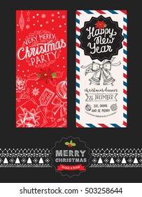 Christmas restaurant brochure, menu template. Vector holiday background and design banner. Happy New Year party flyer with hand-drawn xmas graphic.