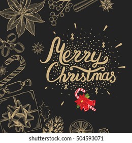 Christmas restaurant brochure, menu template. Vector holiday background and design banner. Happy New Year party flyer with hand-drawn xmas graphic.