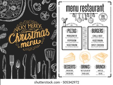 Folleto del restaurante navideño, plantilla de menú. Anuncio de diseño y fondo de vacaciones vectoriales. Volante de Feliz Año Nuevo con gráfico de Navidad dibujado a mano.