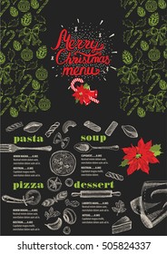 Christmas restaurant brochure, menu template. Vector holiday background and design banner. Happy New Year party flyer with hand-drawn xmas graphic.